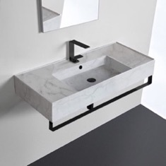 Marble Design Ceramic Wall Mounted Sink With Black Towel Bar